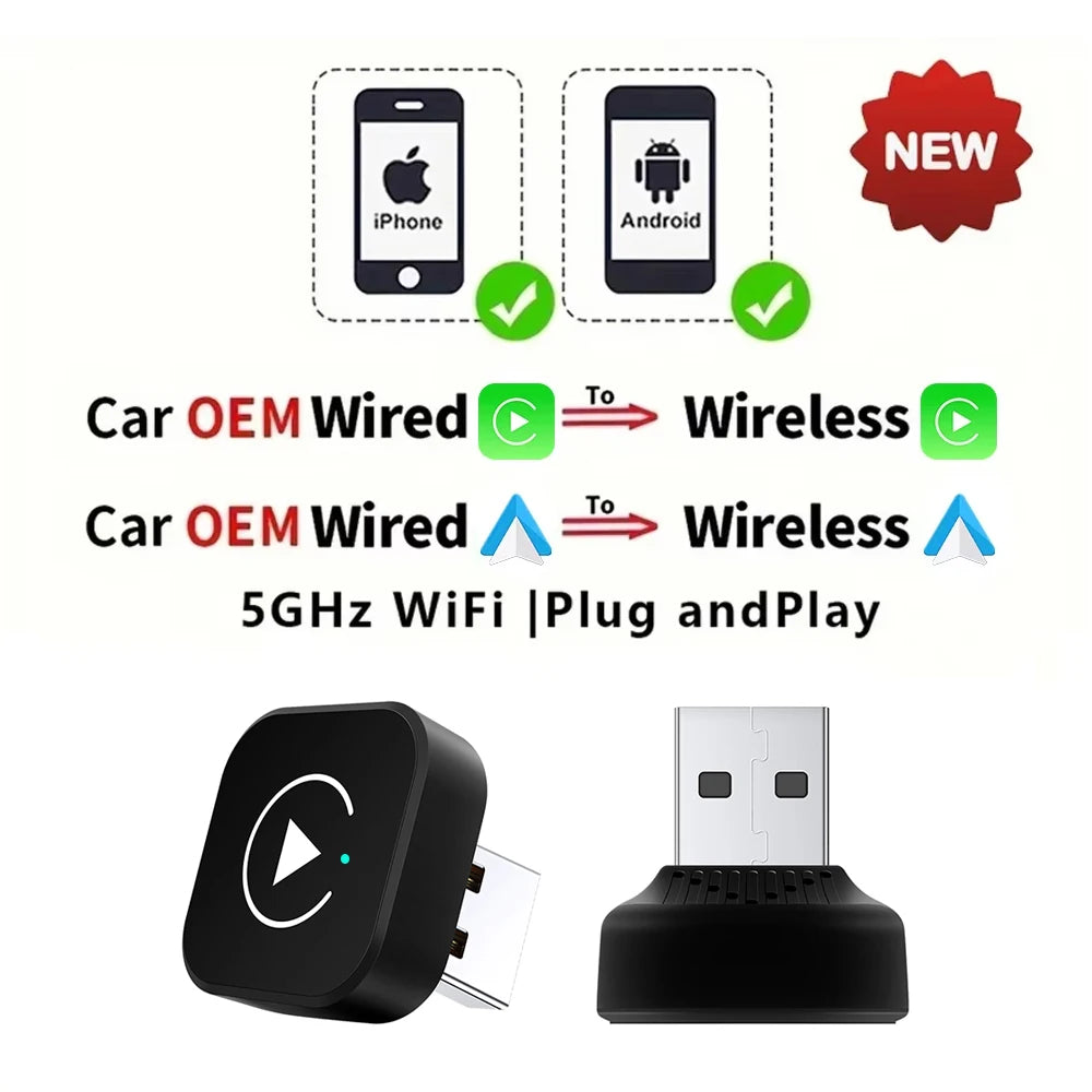 2in1 Wired to Wireless CarPlay Android Auto Adapter for OEM Car Stereo With USB Plug and Play