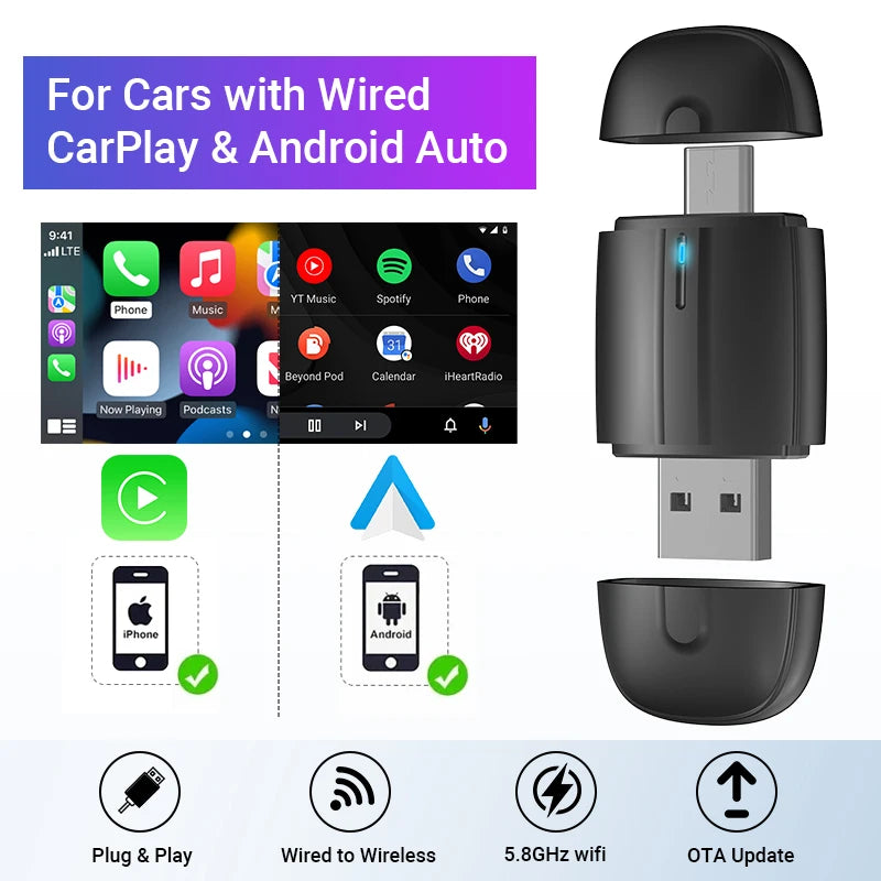 2025New Wired to Wireless Carplay Android Auto 2in1 Mini Adapter Dongle Auto Connect Plug&Play Bluetooth WiFi Universal Mini Box