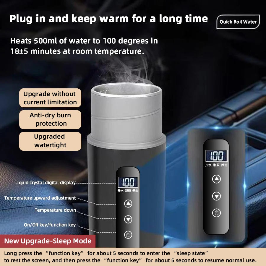 Electric kettle 12V 24V portable car heating cup 500 ml travel heating smart stainless steel insulation artifact OLED display