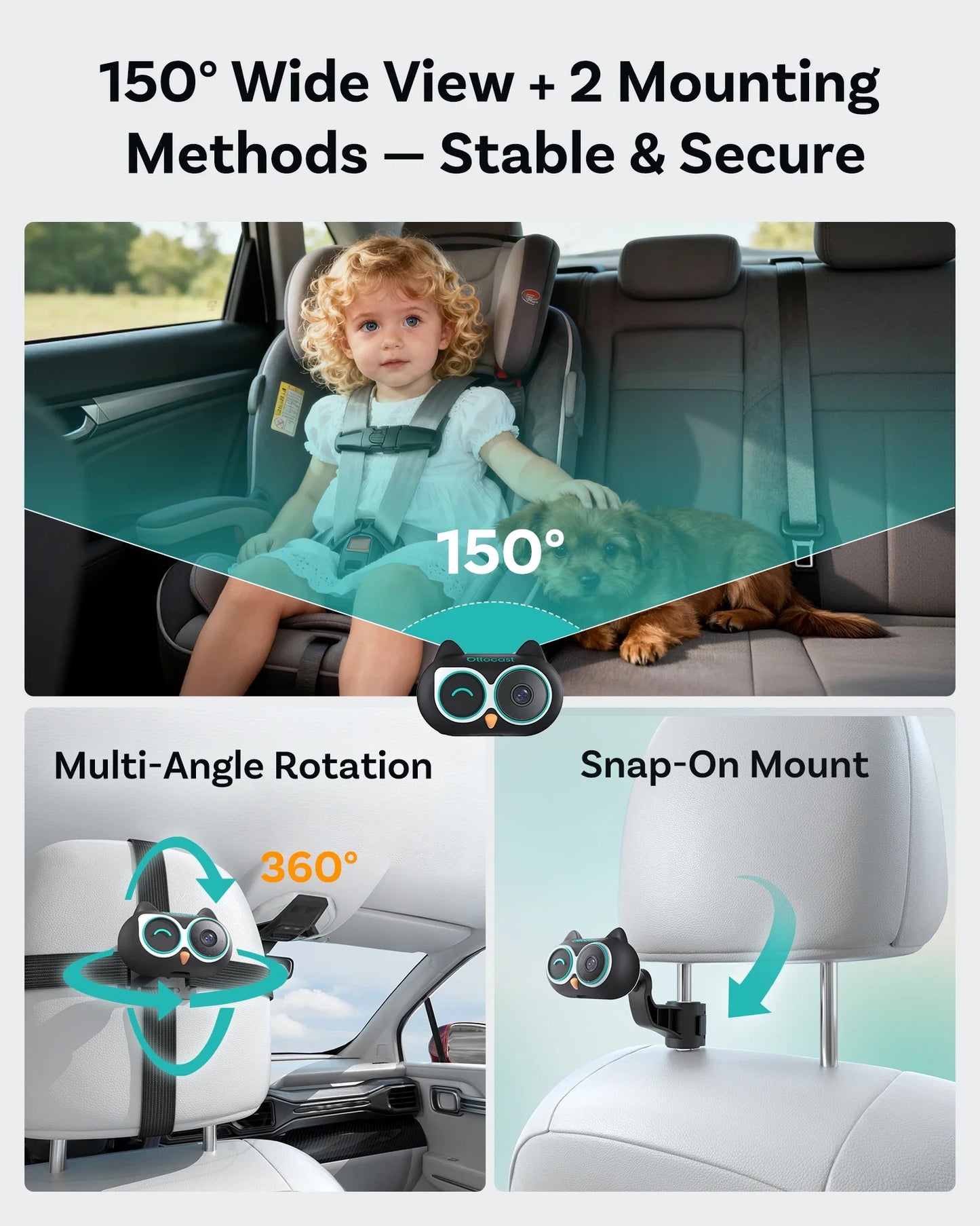 Ottocast Cabin Care Wireless CarPlay Adapter 1080P Car Rear Seat Camera 150° Wide Angle Night For Kids & Pets For Benz Toyota VW