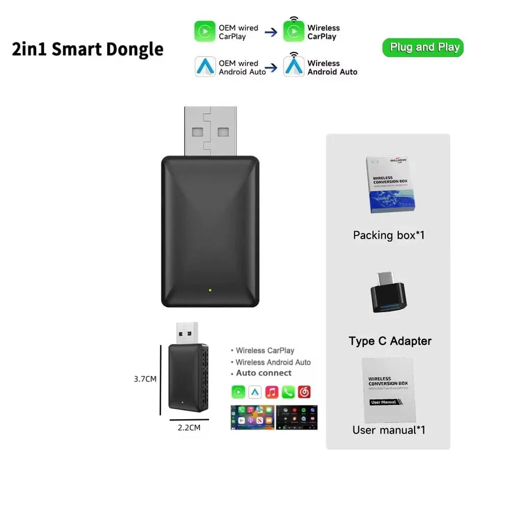 Skilldrive 2026 Ultra Mini 2 in 1 Wireless CarPlay Adapter Android Auto AI Smart Box Intelligent System for Wired CarPlay Car