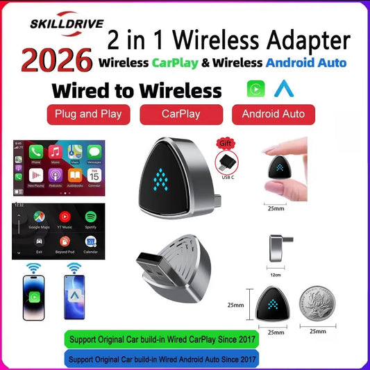 Skilldrive 2026 Mini CarPlay Wireless Adapter Android Auto Dongle USB C AI Smart Box Intelligent System for Wired CarPlay Car