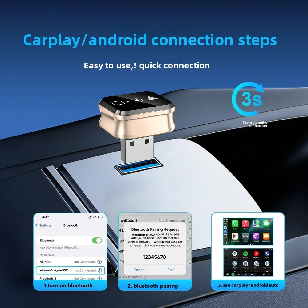 4in1 Smart Wireless CarPlay Adapter USB Auto Connect Plug & Play for iPhone, Android USB Change the car Support screen mirroring