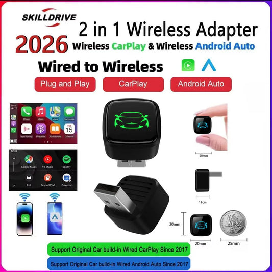 Skilldrive 2026 Wireless CarPlay Android Auto Ultra Mini Adapter AI Smart Box Intelligent System USB C for Wired CarPlay Car