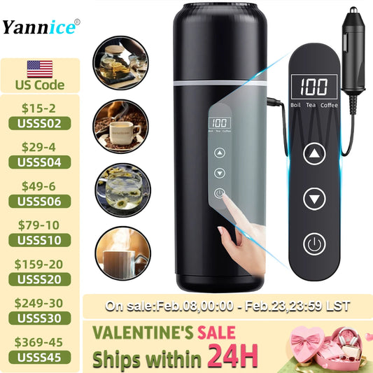 Electric kettle 12V 24V portable car heating cup 500 ml travel heating smart stainless steel insulation artifact OLED display