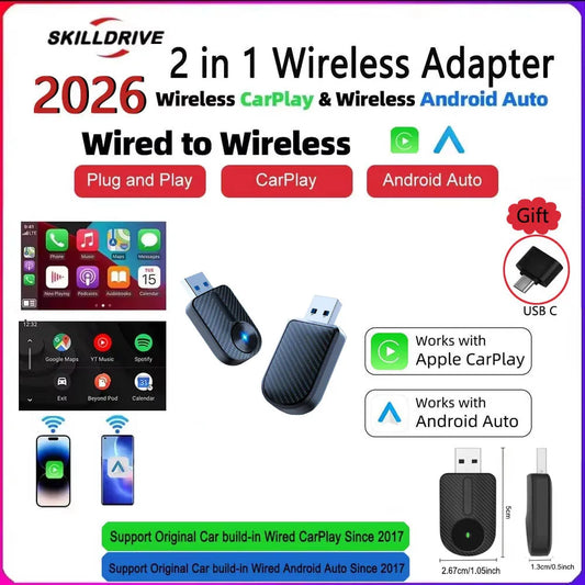 Skilldrive 2026 Carplay Android Auto 2 in 1 Wireless Adapter AI Smart Box Intelligent System for Wired CarPlay Android Auto Car