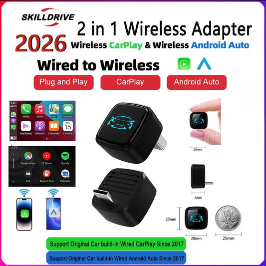 Skilldrive 2026 Mini CarPlay Wireless Android Auto Adapter Type C AI Smart Box Intelligent System USB C for Wired CarPlay Car
