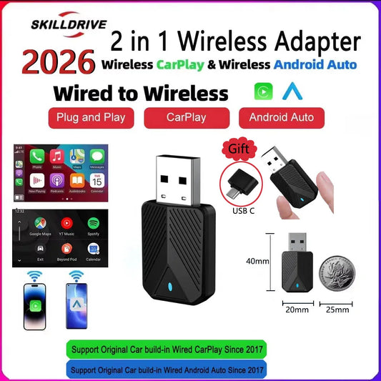 Skilldrive 2026 Mini 2 in 1 CarPlay Adapter Wireless Android Auto Adapter AI Smart Box Intelligent System for Wired CarPlay Car