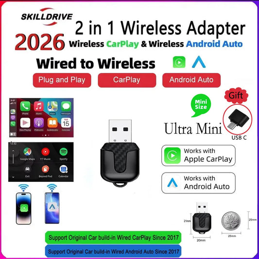 Skilldrive 2026 Ultra Mini 2 in 1 Wireless CarPlay Adapter Android Auto AI Smart Box Intelligent System for Wired CarPlay Car