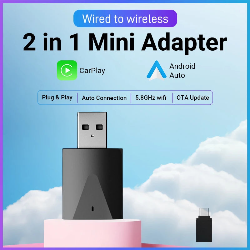 2025New Wired to Wireless Carplay Android Auto 2in1 Mini Adapter Dongle Auto Connect Plug&Play Bluetooth WiFi Universal Mini Box