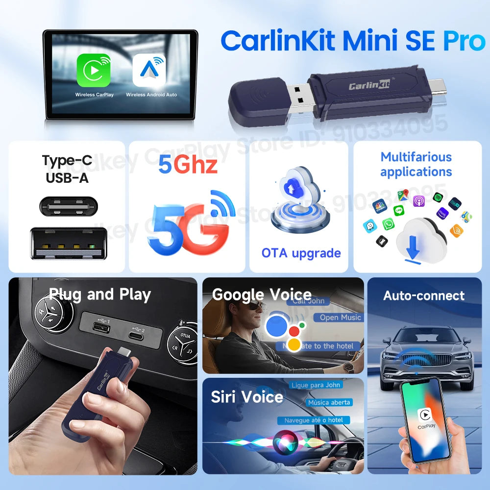 CarlinKit MINI SE Pro Wireless Adapter Smart Wireless CarPlay Android Auto USB Dongle WiFi Bluetooth Auto Connection OTA Upgrade
