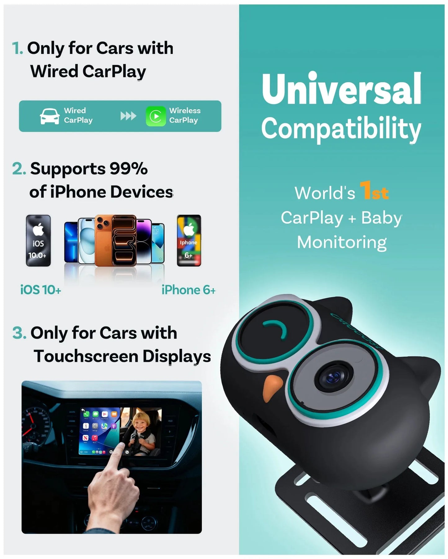 Ottocast Cabin Care Wireless CarPlay Adapter 1080P Car Rear Seat Camera 150° Wide Angle Night For Kids & Pets For Benz Toyota VW