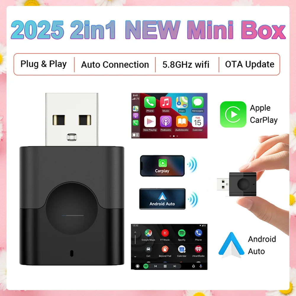 2025New Wired to Wireless Carplay Android Auto 2in1 Mini Adapter Dongle Auto Connect Plug&Play Bluetooth WiFi Universal Mini Box