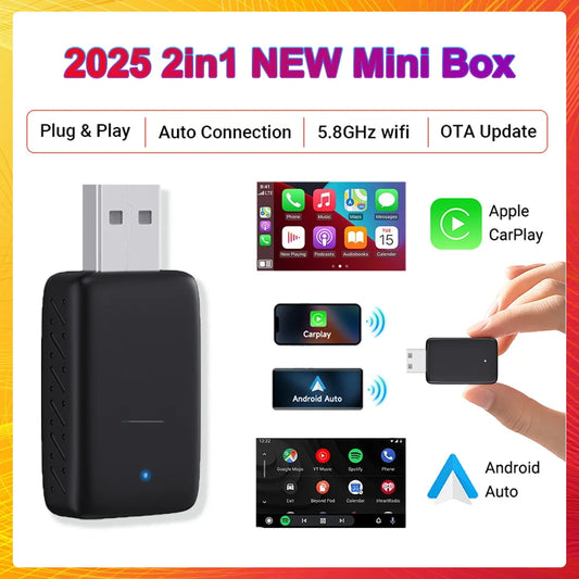 2025New Wired to Wireless Carplay Android Auto 2in1 Mini Adapter Dongle Auto Connect Plug&Play Bluetooth WiFi Universal Mini Box