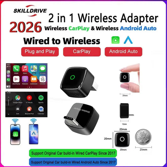 Skilldrive 2026 2 in 1 Ultra Mini Wireless CarPlay Adapter Android Auto AI Smart Box Intelligent Systems for Wired CarPlay Car